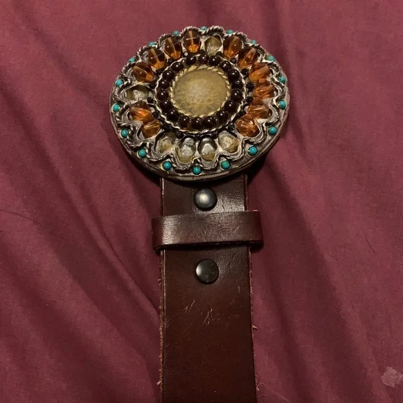 Brown Genuine Leather Belt with Multicolor Gemstone Buckle